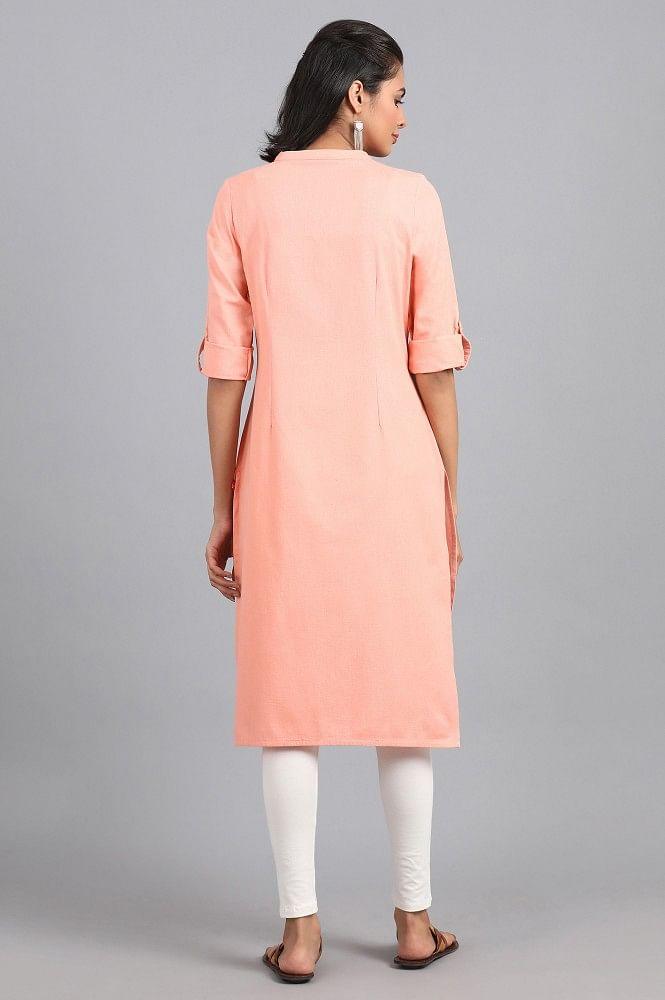 Peach Mandarin Neck Solid kurta - wforwoman