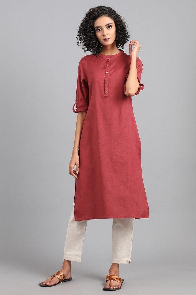 Red Mandarin Neck Solid kurta - wforwoman