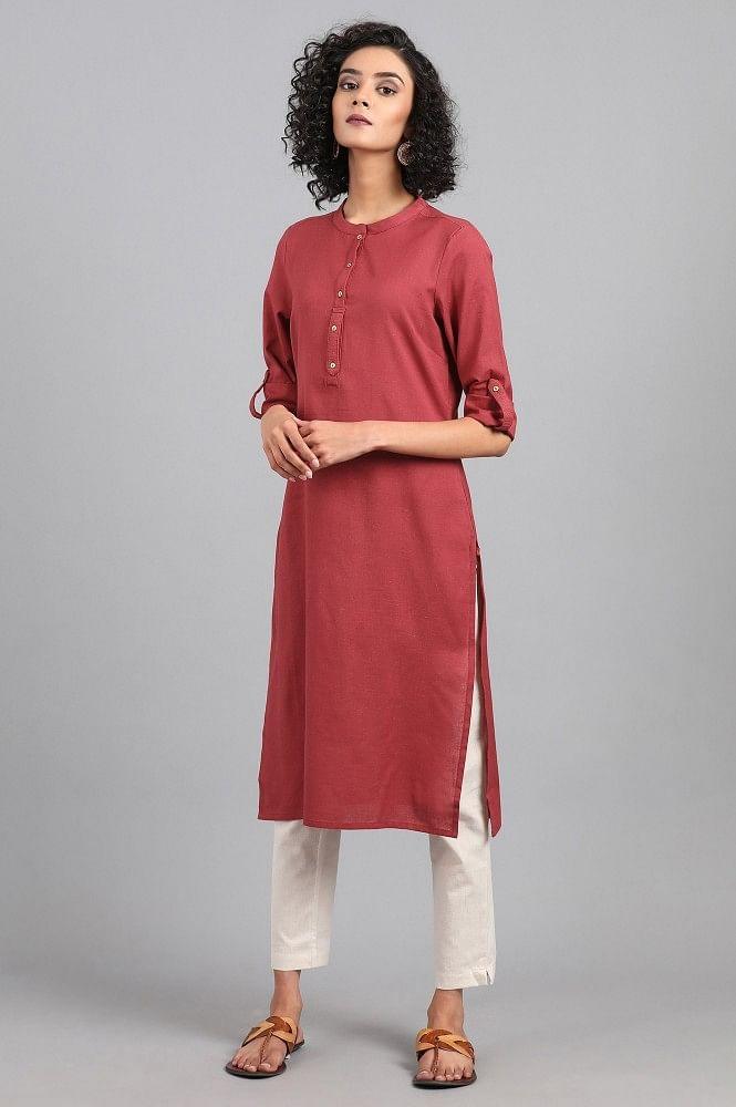 Red Mandarin Neck Solid kurta - wforwoman