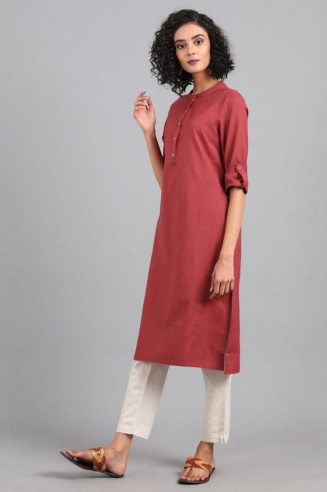 Red Mandarin Neck Solid kurta - wforwoman