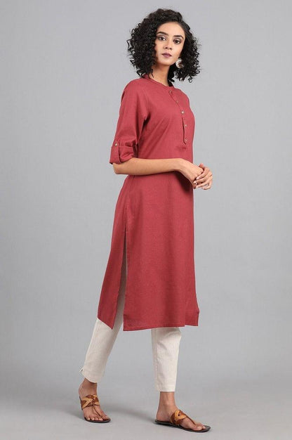 Red Mandarin Neck Solid kurta - wforwoman