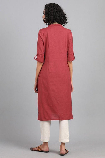 Red Mandarin Neck Solid kurta - wforwoman