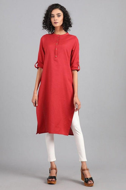 Red Mandarin Neck Solid kurta - wforwoman