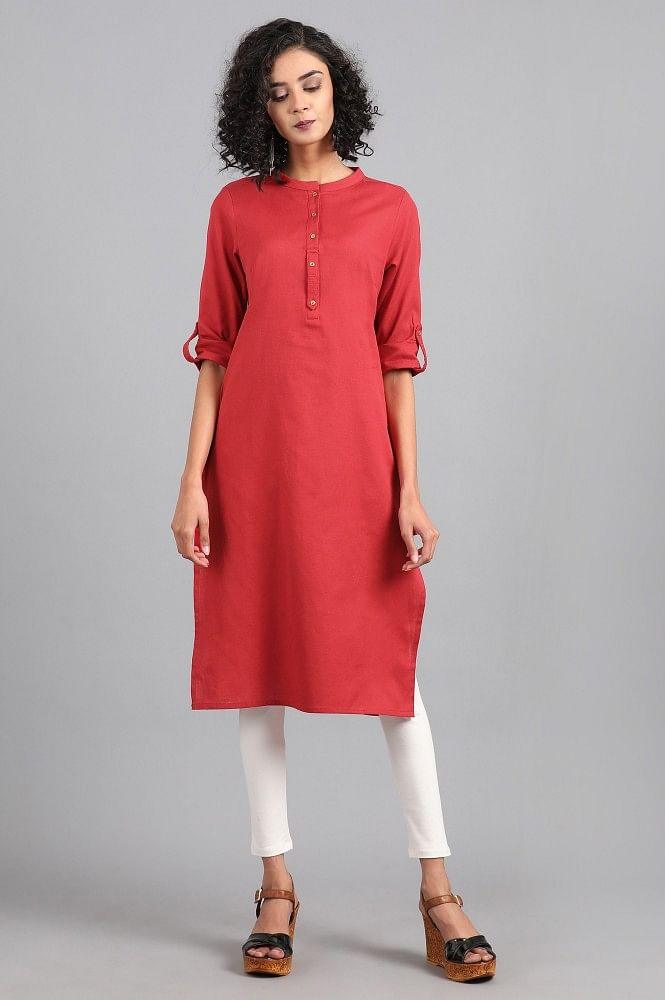 Red Mandarin Neck Solid kurta - wforwoman