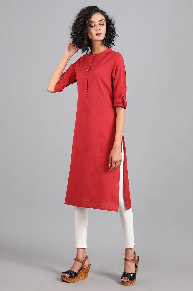 Red Mandarin Neck Solid kurta - wforwoman