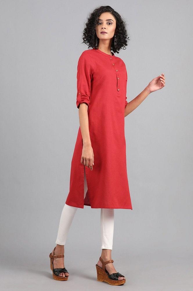 Red Mandarin Neck Solid kurta - wforwoman