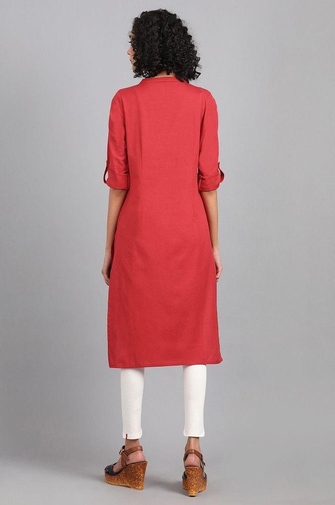 Red Mandarin Neck Solid kurta - wforwoman