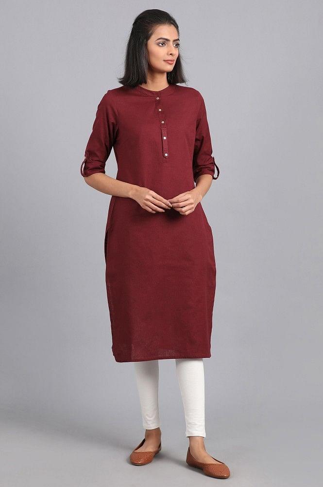 Red Mandarin Neck Solid kurta - wforwoman