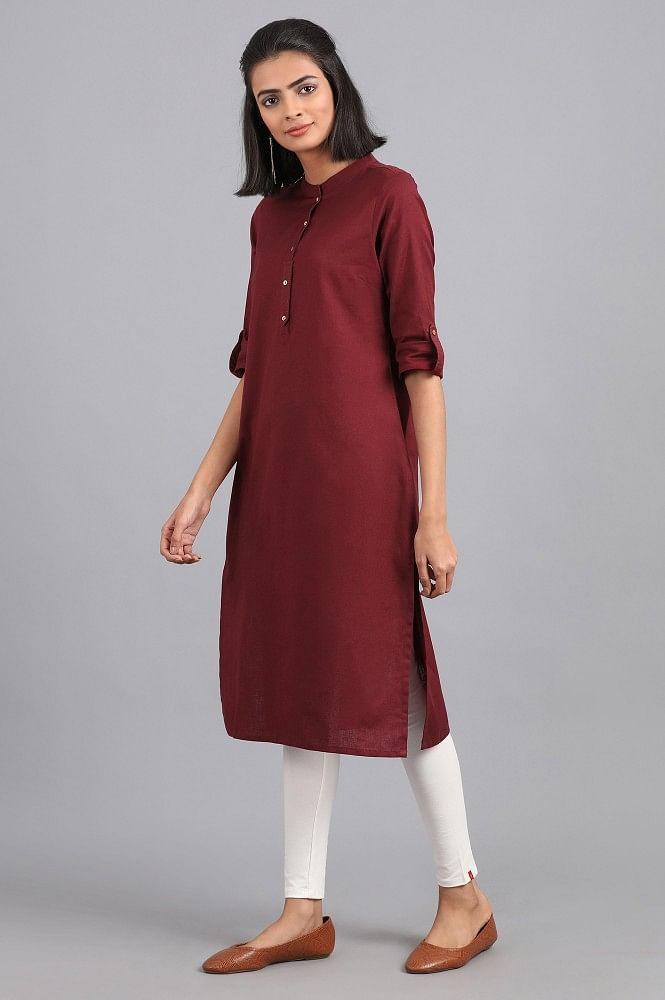 Red Mandarin Neck Solid kurta - wforwoman