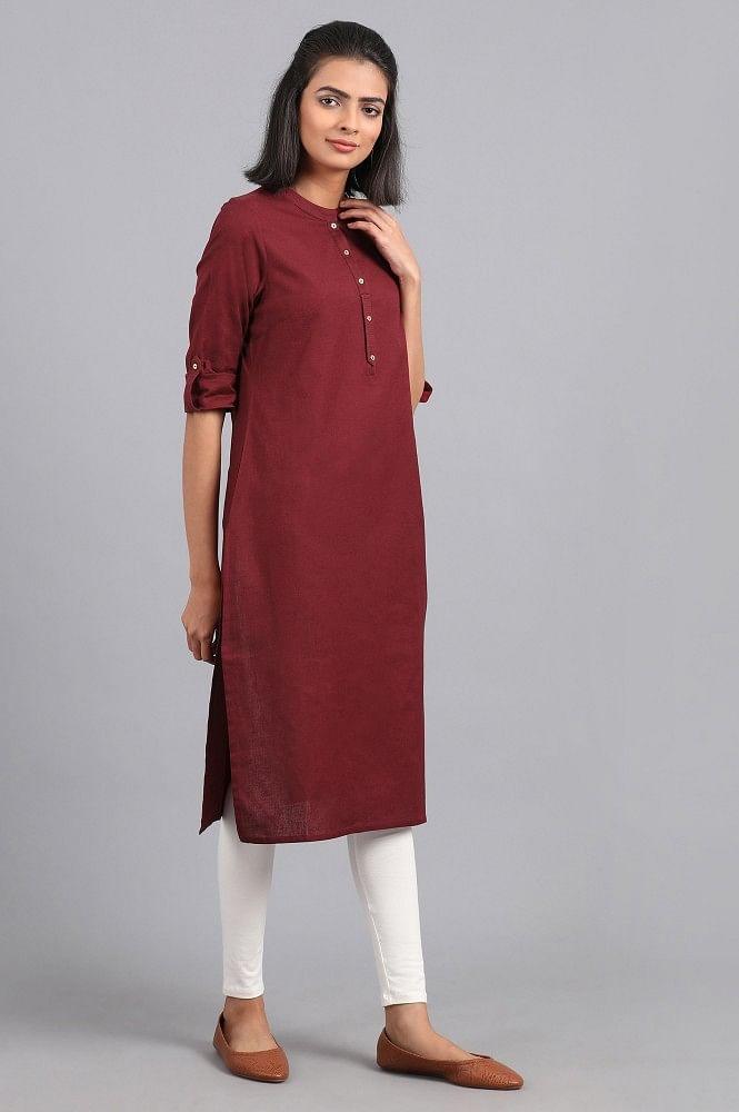 Red Mandarin Neck Solid kurta - wforwoman