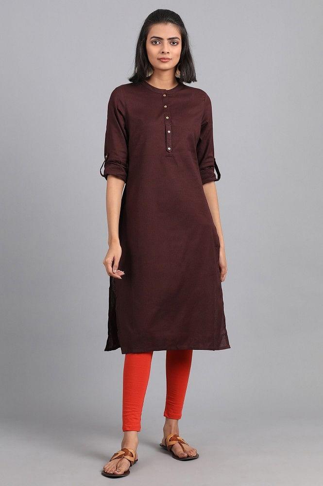 Brown Mandarin Neck Solid kurta - wforwoman