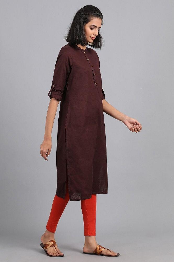 Brown Mandarin Neck Solid kurta - wforwoman