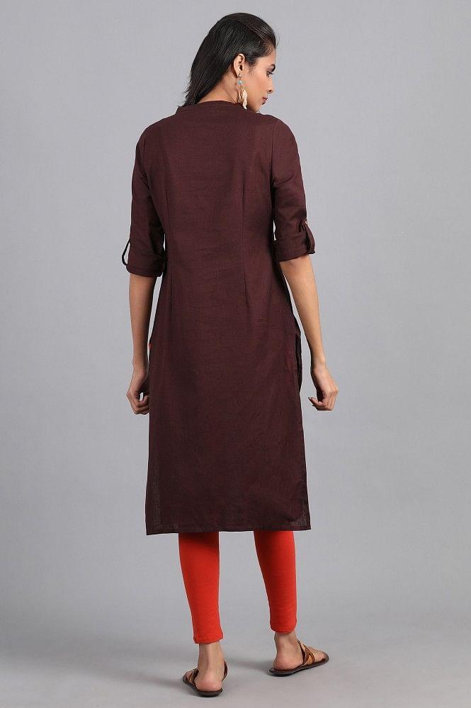 Brown Mandarin Neck Solid kurta - wforwoman