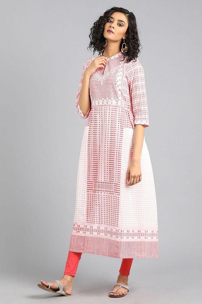 Red Mandarin Neck Printed kurta - wforwoman