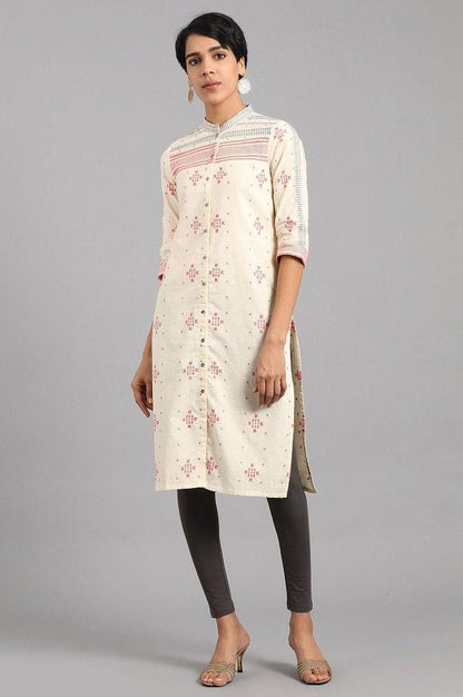 White Mandarin Neck Yarn-dyed kurta - wforwoman