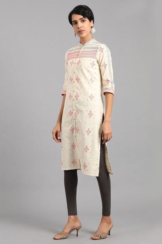 White Mandarin Neck Yarn-dyed kurta - wforwoman