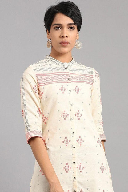 White Mandarin Neck Yarn-dyed kurta - wforwoman