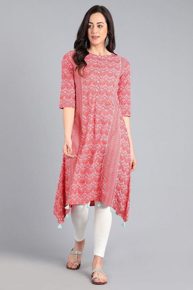 Orange Round Neck Printed kurta - wforwoman