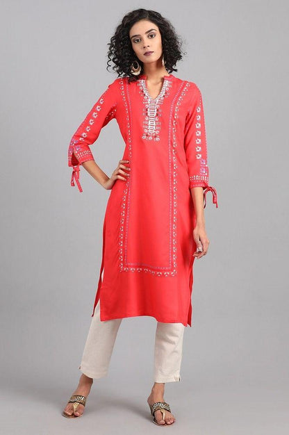 Red Mandarin Neck Solid kurta - wforwoman