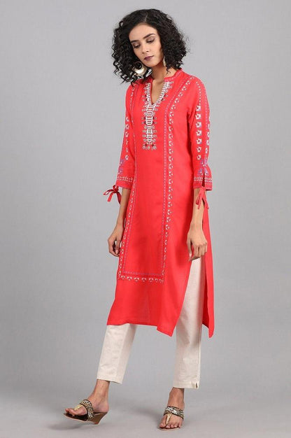 Red Mandarin Neck Solid kurta - wforwoman