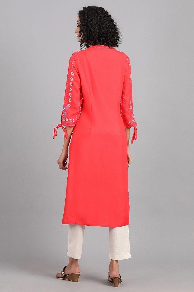 Red Mandarin Neck Solid kurta - wforwoman