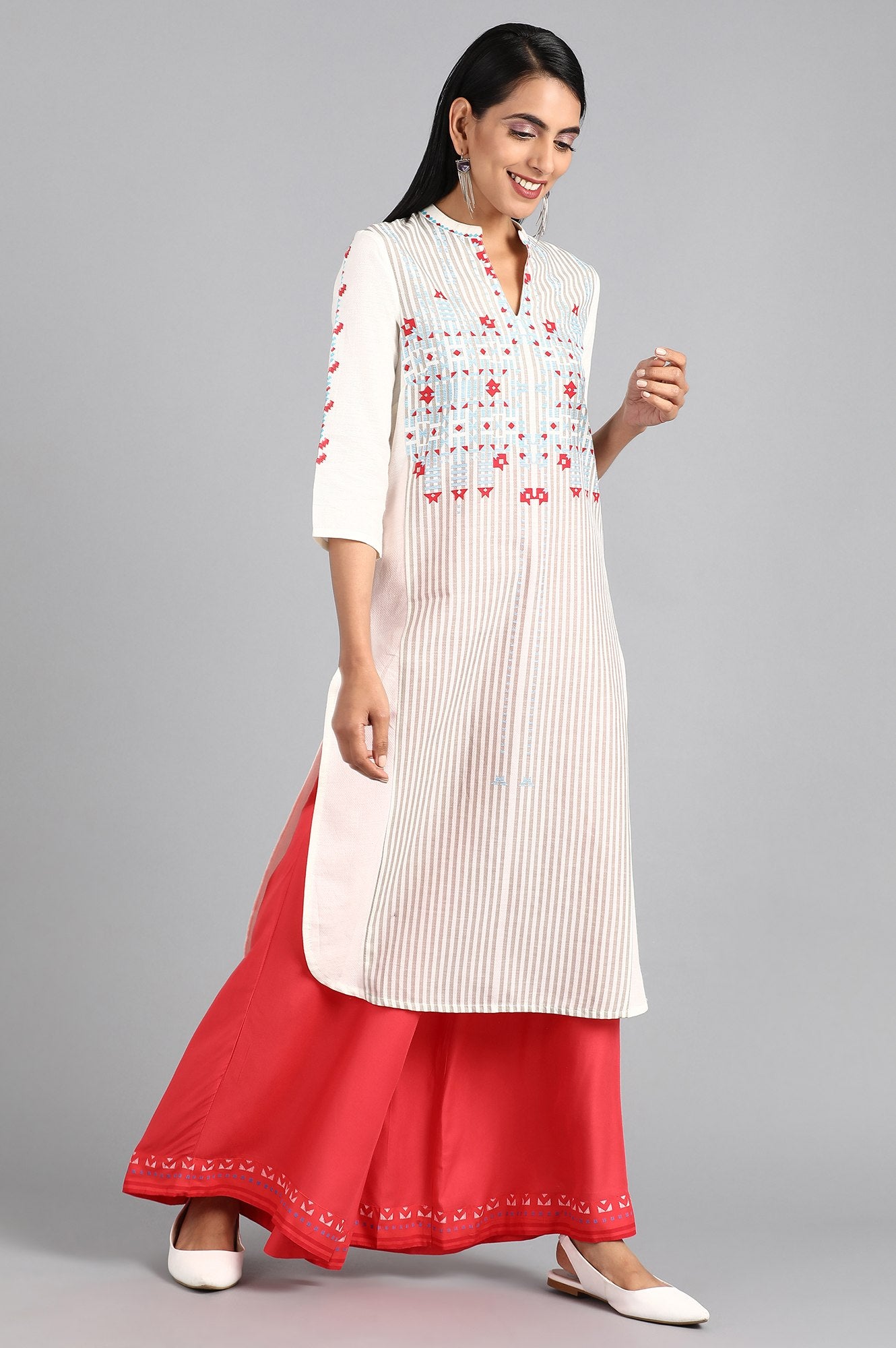 White Mandarin Neck Printed kurta