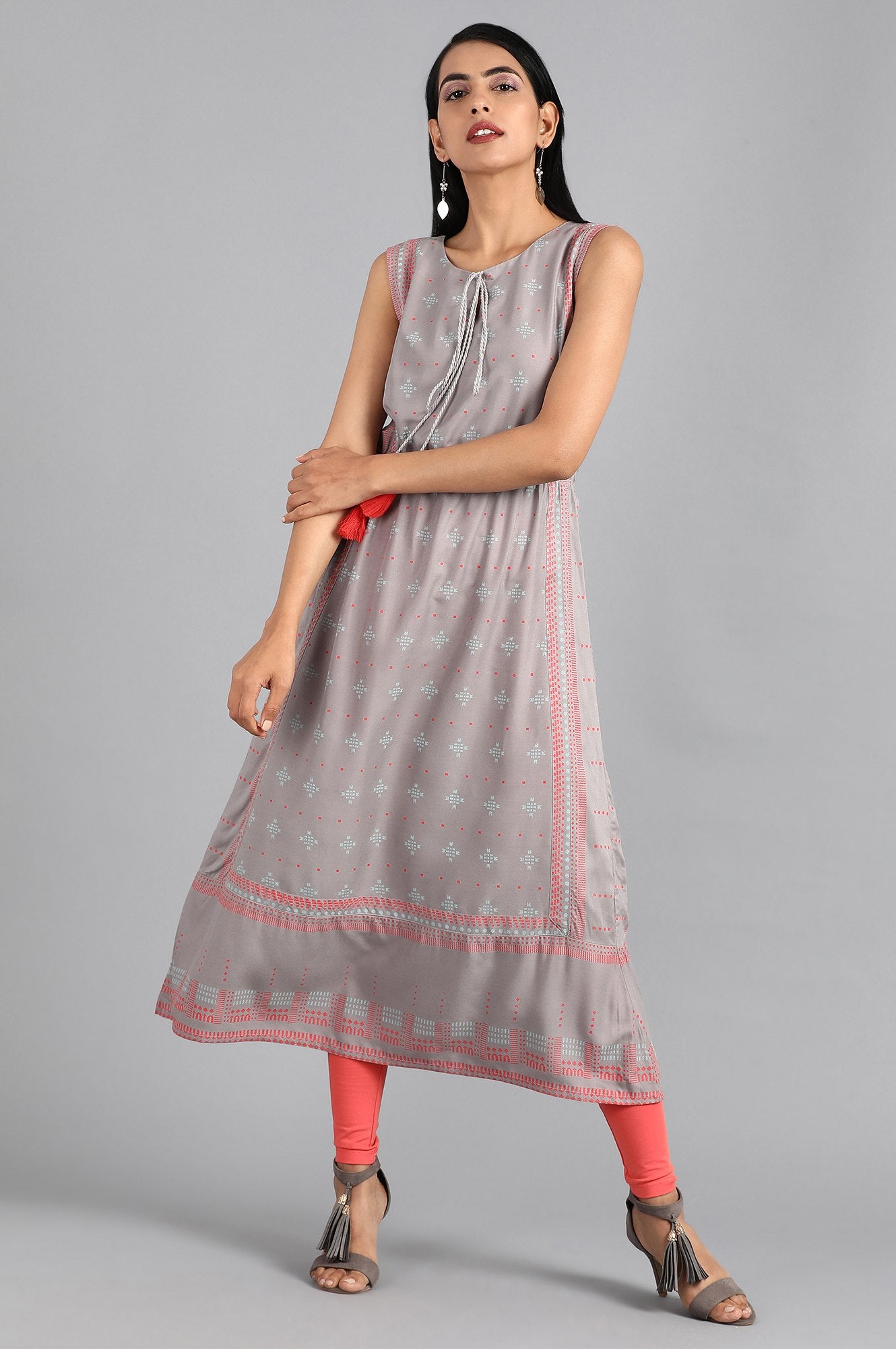 Grey Round Neck Printed kurta