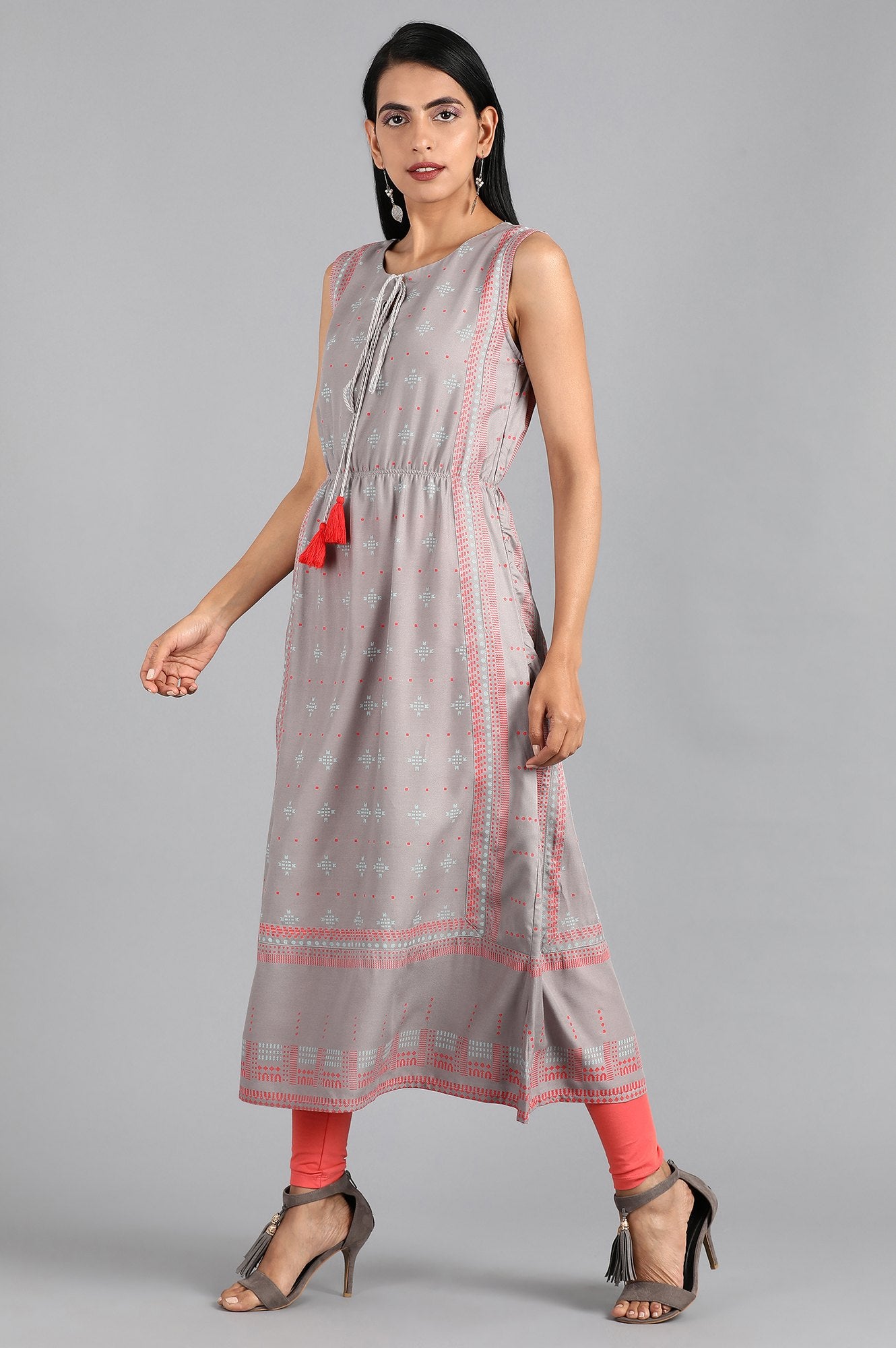 Grey Round Neck Printed kurta