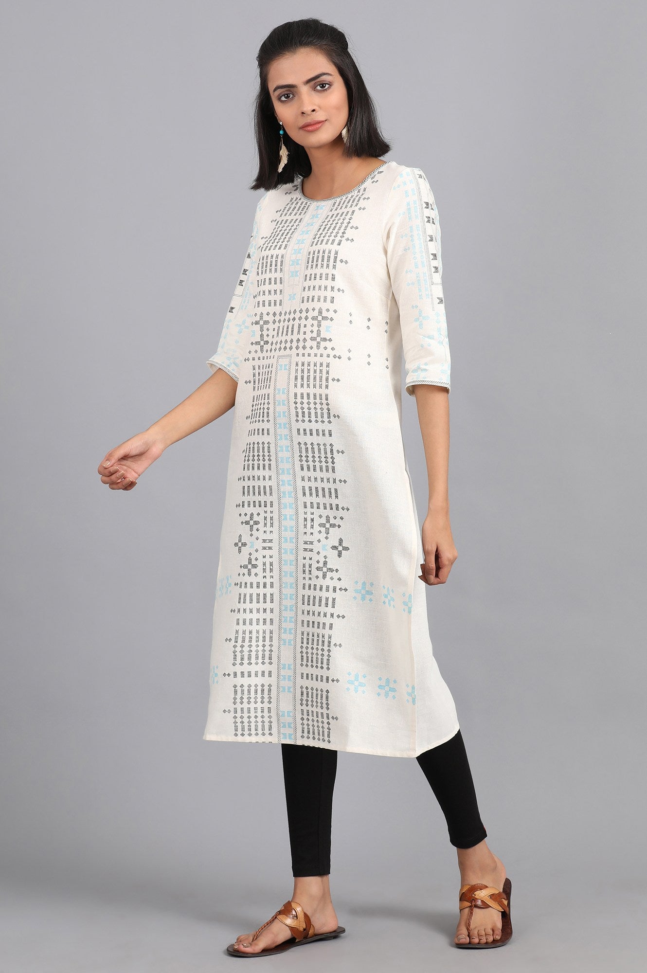 Ecru Boat Neck Printed kurta