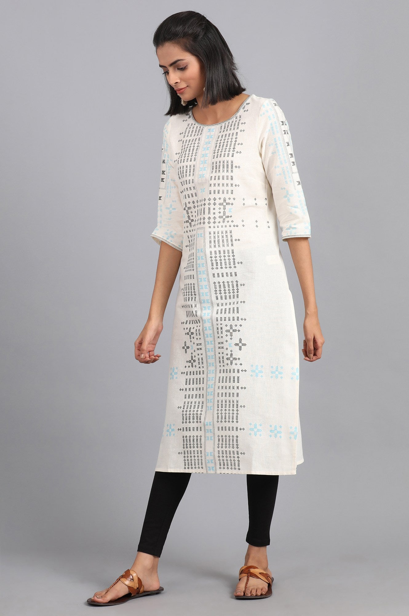 Ecru Boat Neck Printed kurta