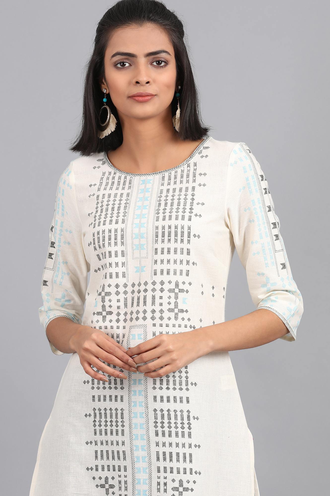 Ecru Boat Neck Printed kurta