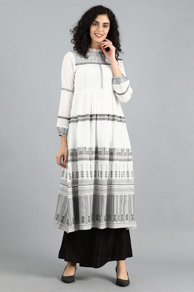 White Mandarin Neck Printed kurta - wforwoman