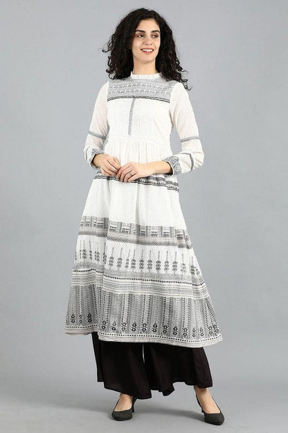 White Mandarin Neck Printed kurta - wforwoman