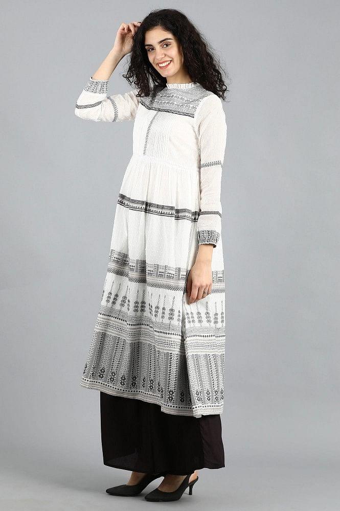 White Mandarin Neck Printed kurta - wforwoman