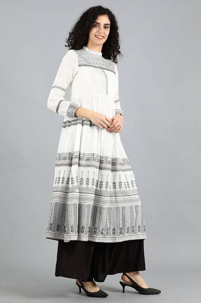 White Mandarin Neck Printed kurta - wforwoman