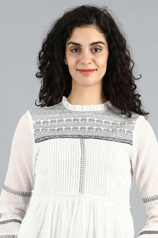 White Mandarin Neck Printed kurta - wforwoman