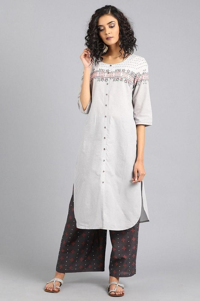 White Round Neck Printed kurta - wforwoman