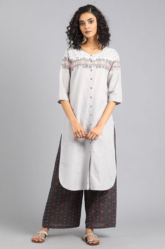 White Round Neck Printed kurta - wforwoman