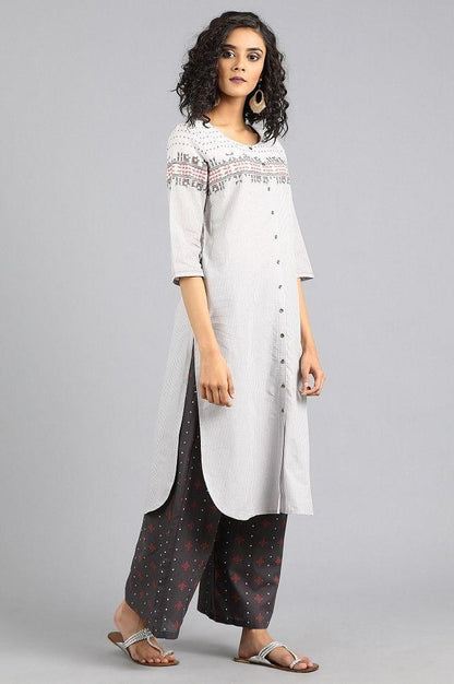 White Round Neck Printed kurta - wforwoman