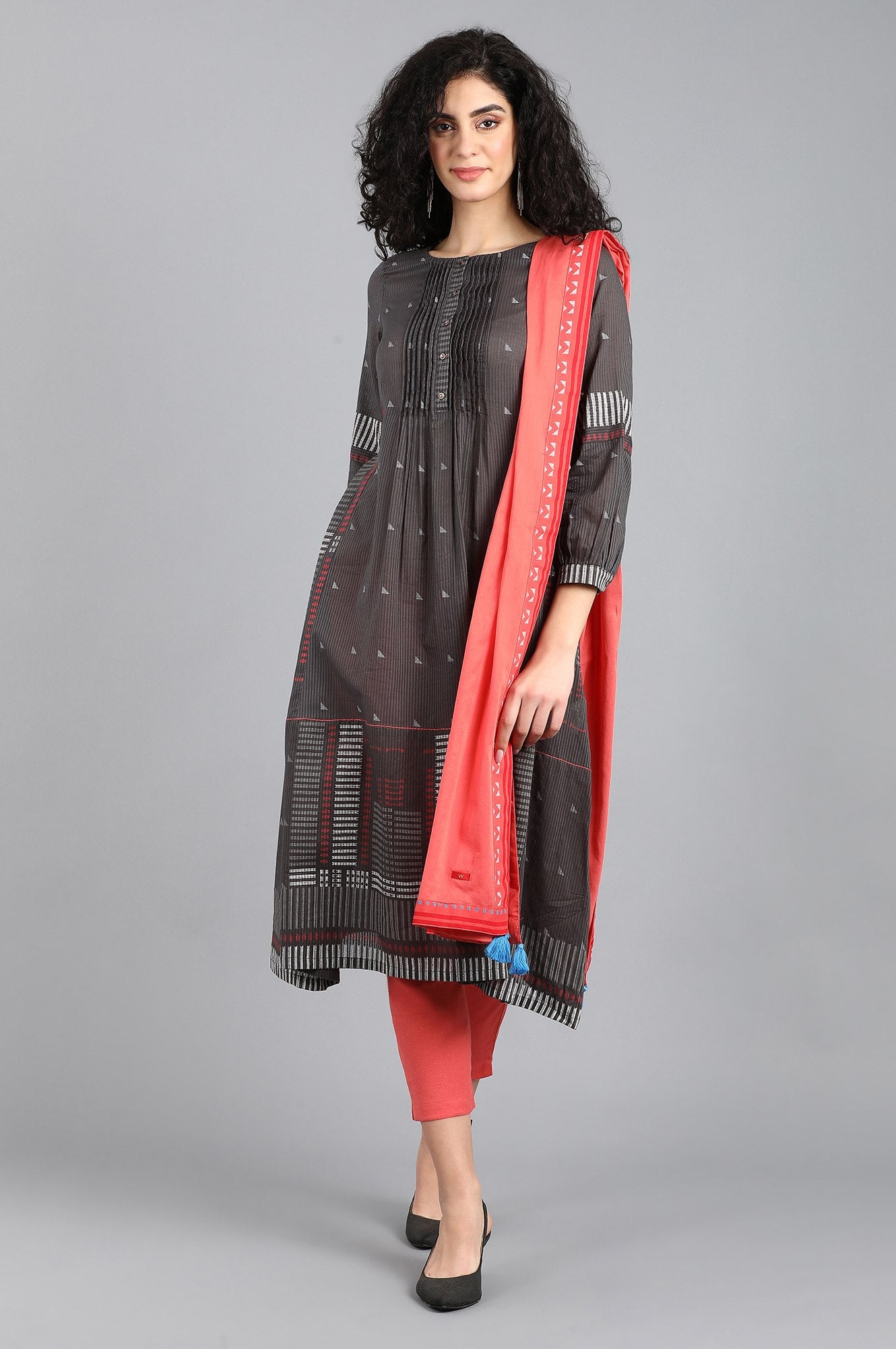 Grey Round Neck Printed kurta