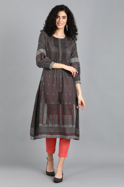 Grey Round Neck Printed kurta