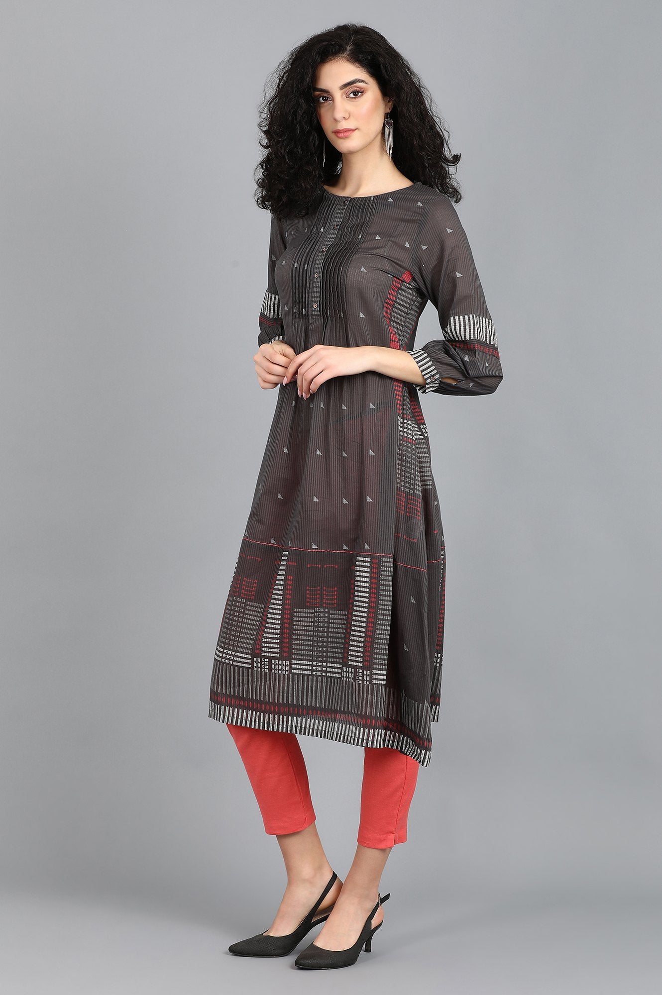 Grey Round Neck Printed kurta