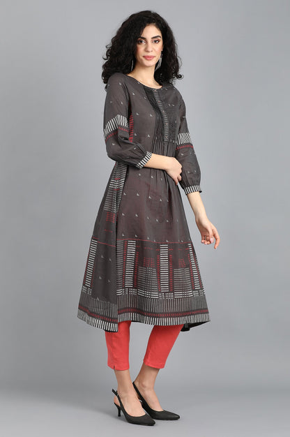 Grey Round Neck Printed kurta