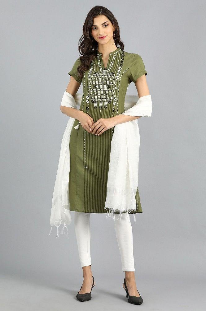 Green Mandarin Neck Printed kurta - wforwoman