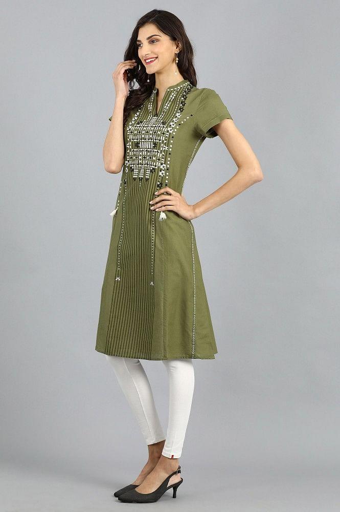 Green Mandarin Neck Printed kurta - wforwoman