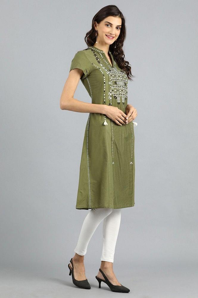 Green Mandarin Neck Printed kurta - wforwoman