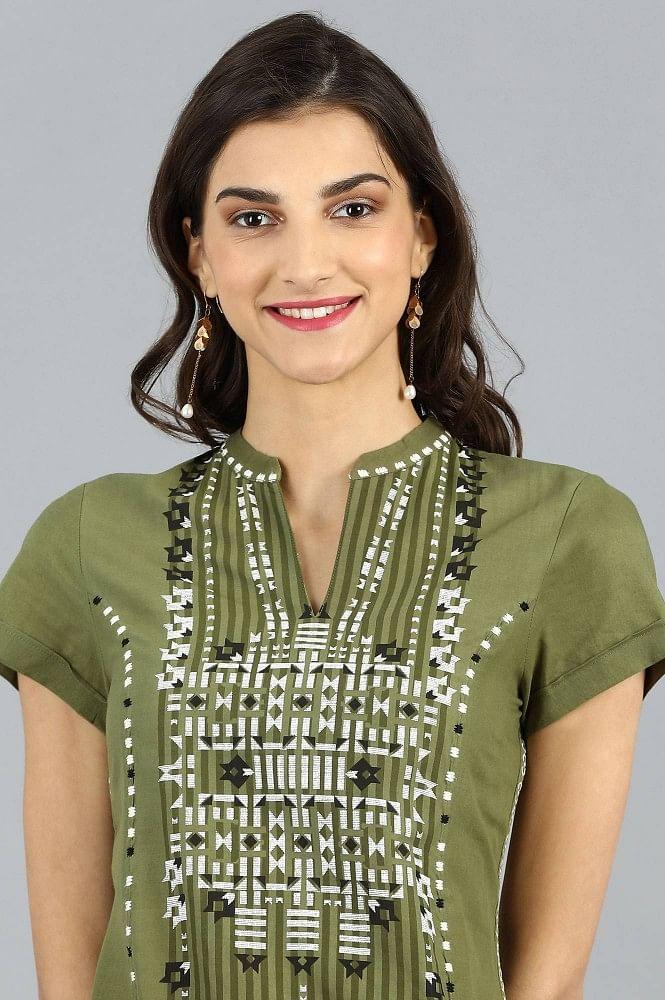 Green Mandarin Neck Printed kurta - wforwoman