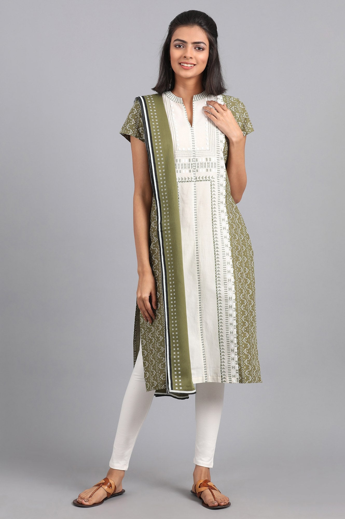 Green Mandarin Neck Printed kurta