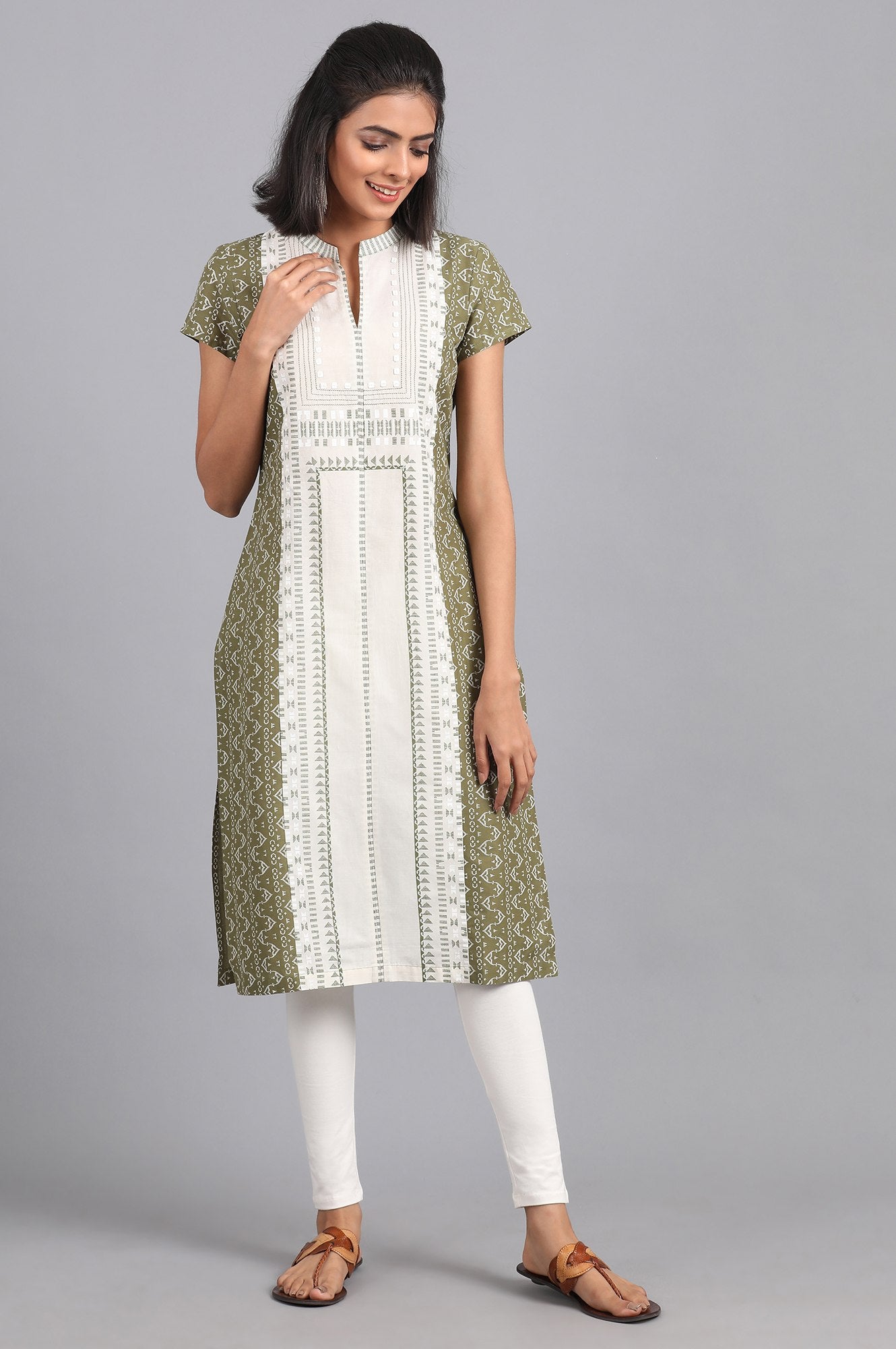 Green Mandarin Neck Printed kurta