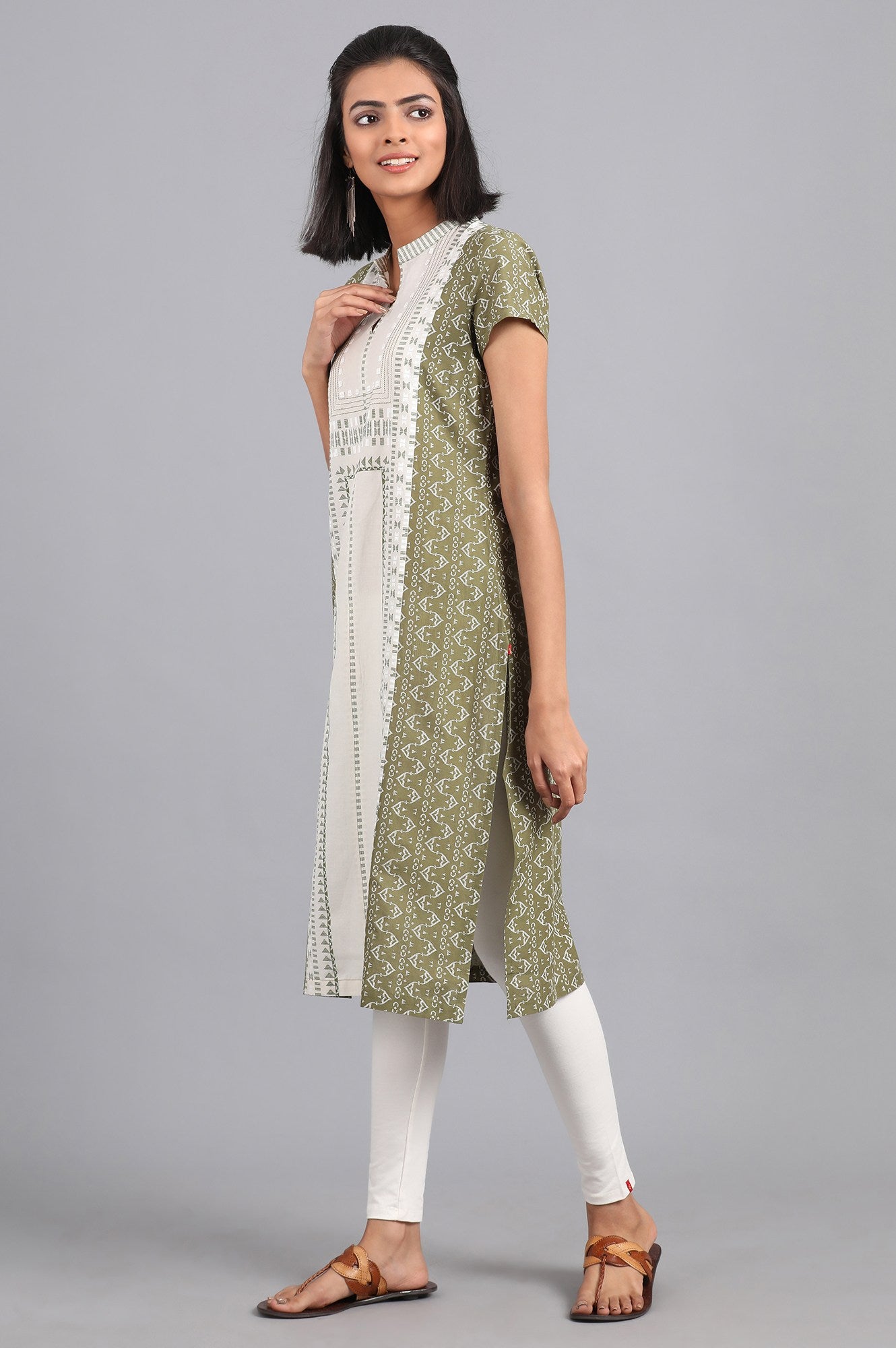 Green Mandarin Neck Printed kurta